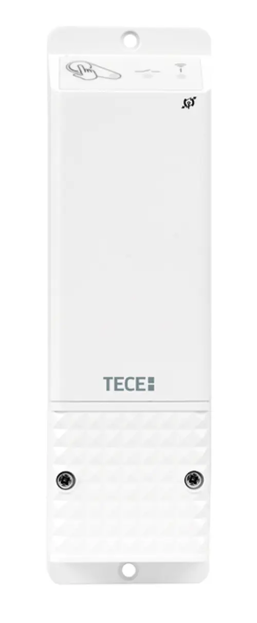 Schaltmodul von TECE in Weiß, mit einer Bedientaste und zwei Schraublöchern für die Wandmontage. Geometrische Oberfläche im unteren Bereich.
